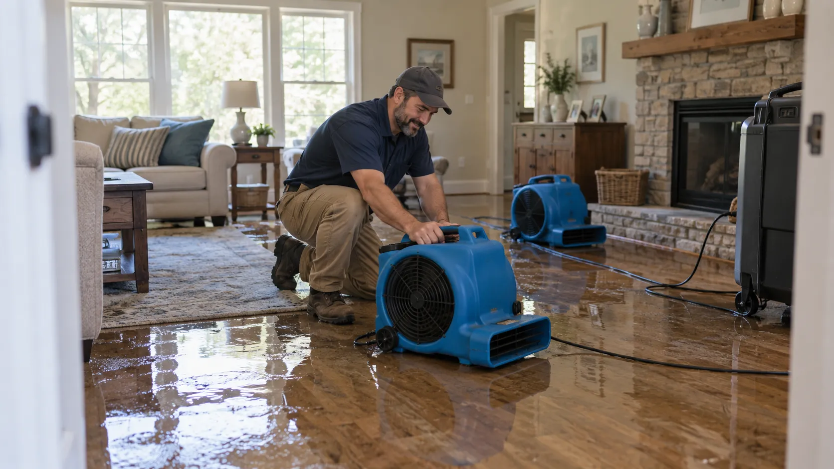 Water damage restoration technician drying a flooded living room in Minneapolis